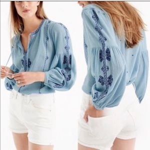 J. Crew Embroidered Blue Peasant Cottagecore Top- Size 4